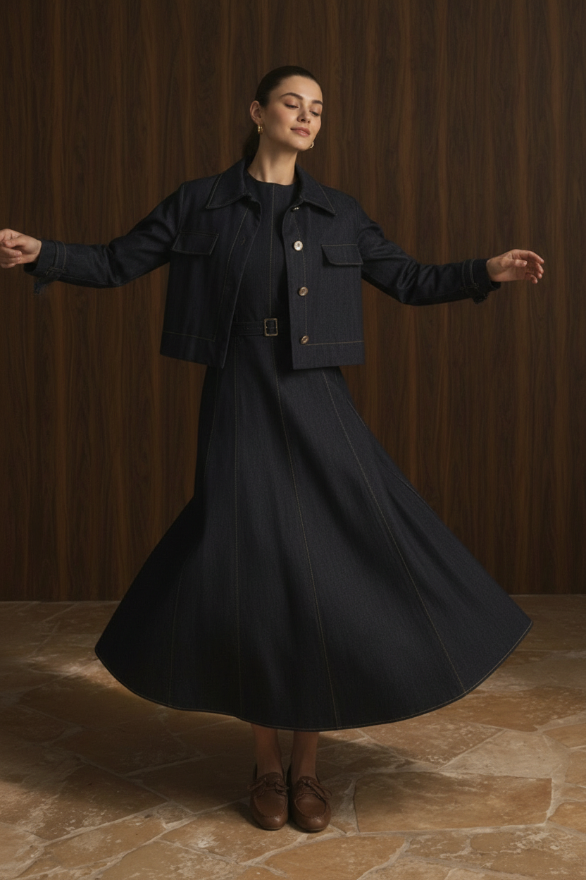 Midnight Denim dress with a cropped jacket