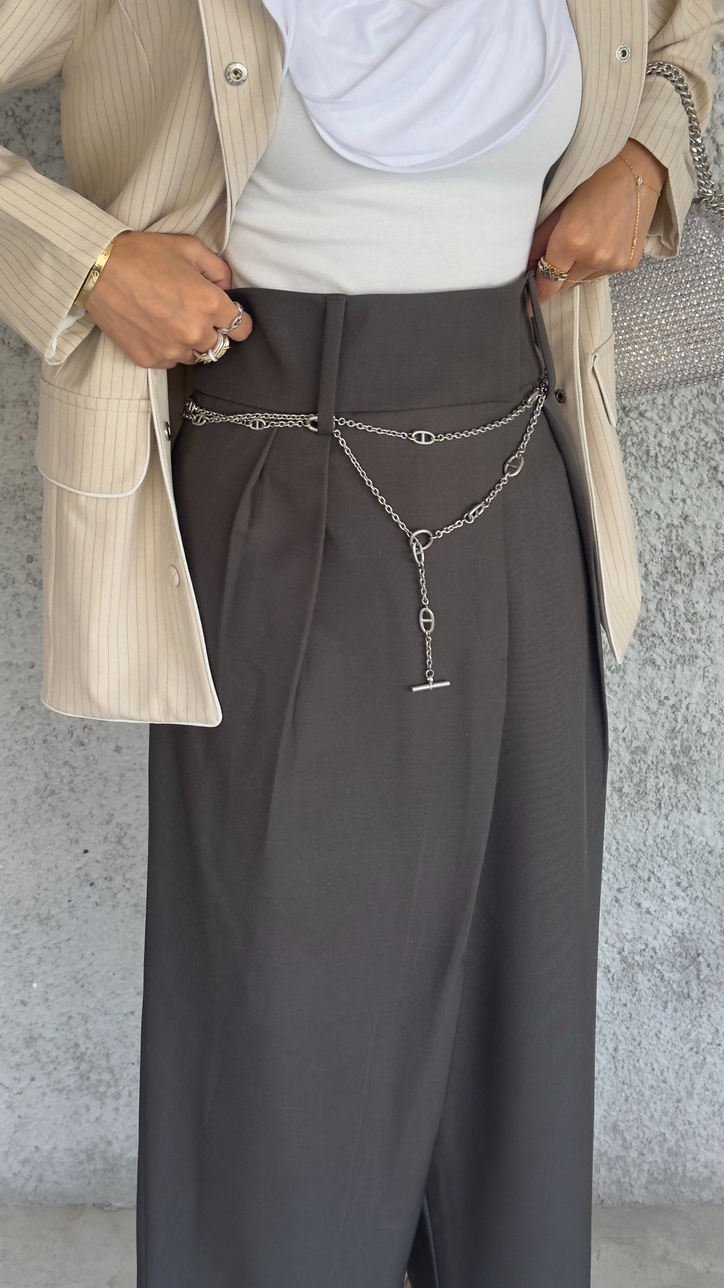 Tailored wide leg pants with a asymmetric wrap waistband