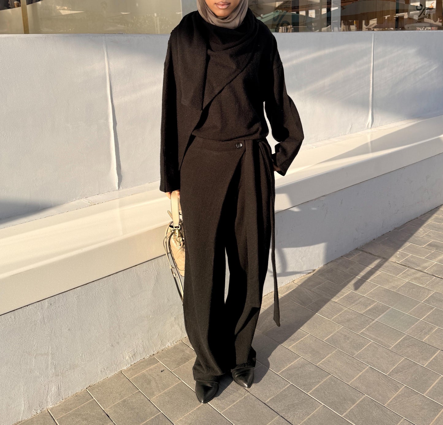 Wrapped shawl top with loose strap pants set