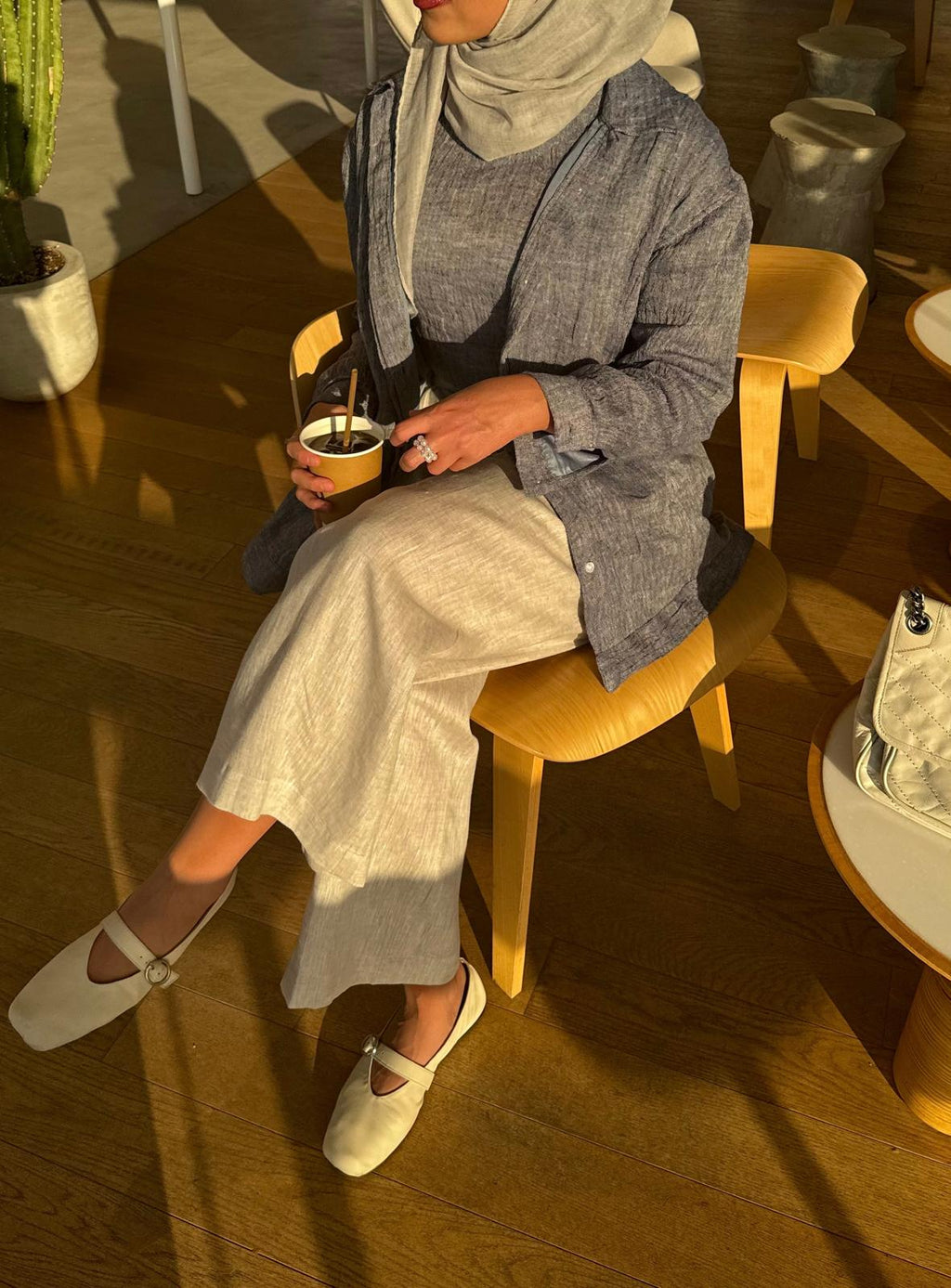 blue linen shirt + t-shirt