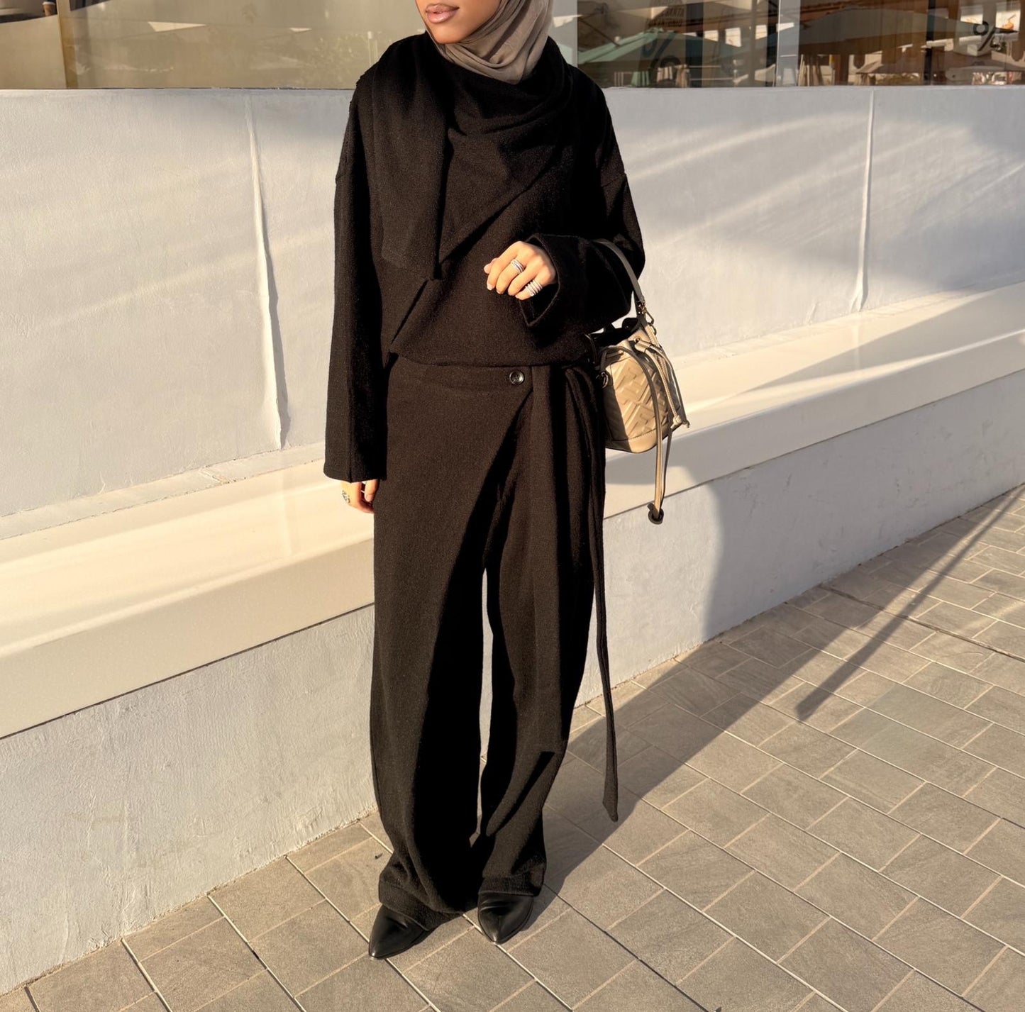 Wrapped shawl top with loose strap pants set