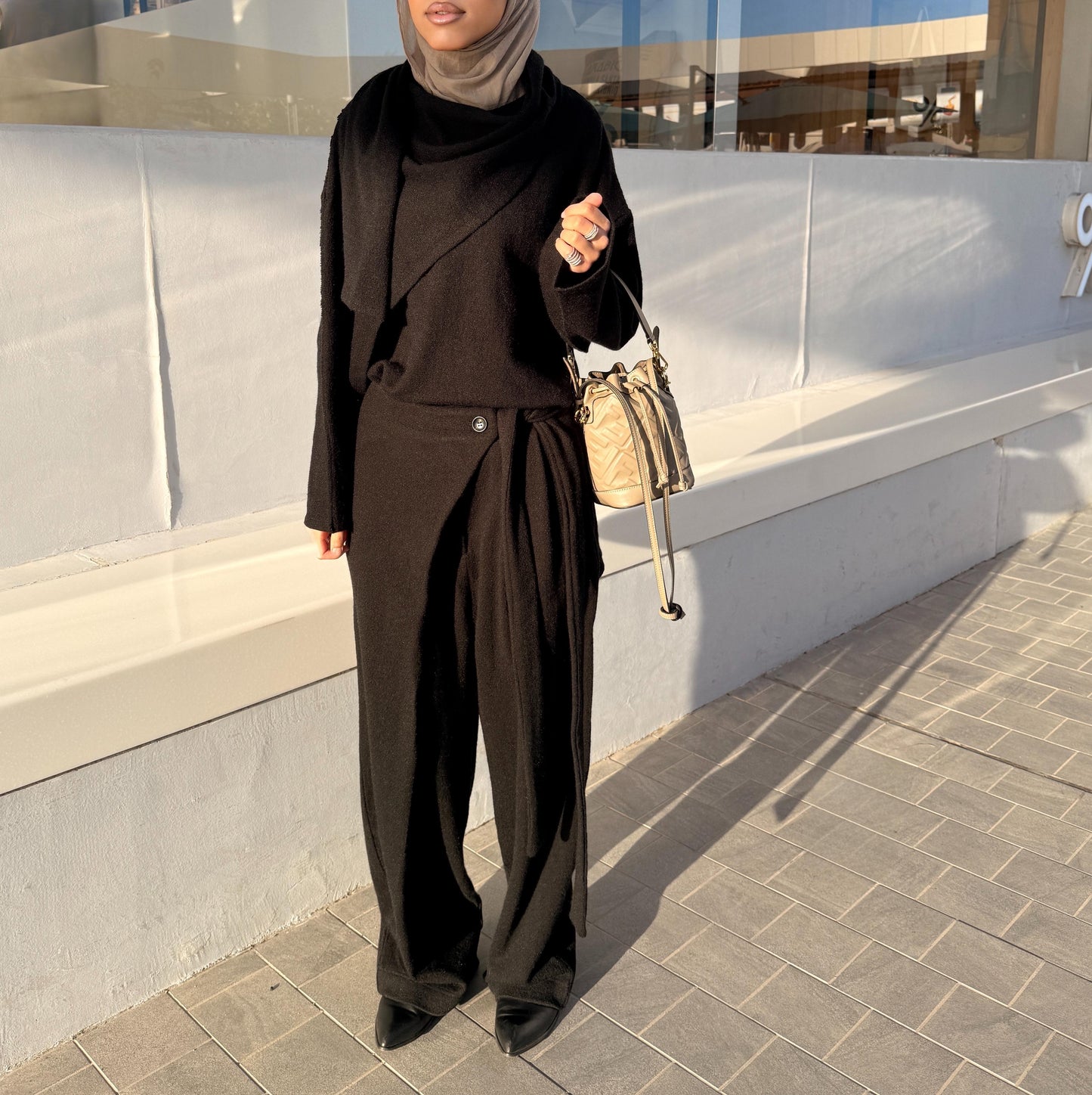 Wrapped shawl top with loose strap pants set