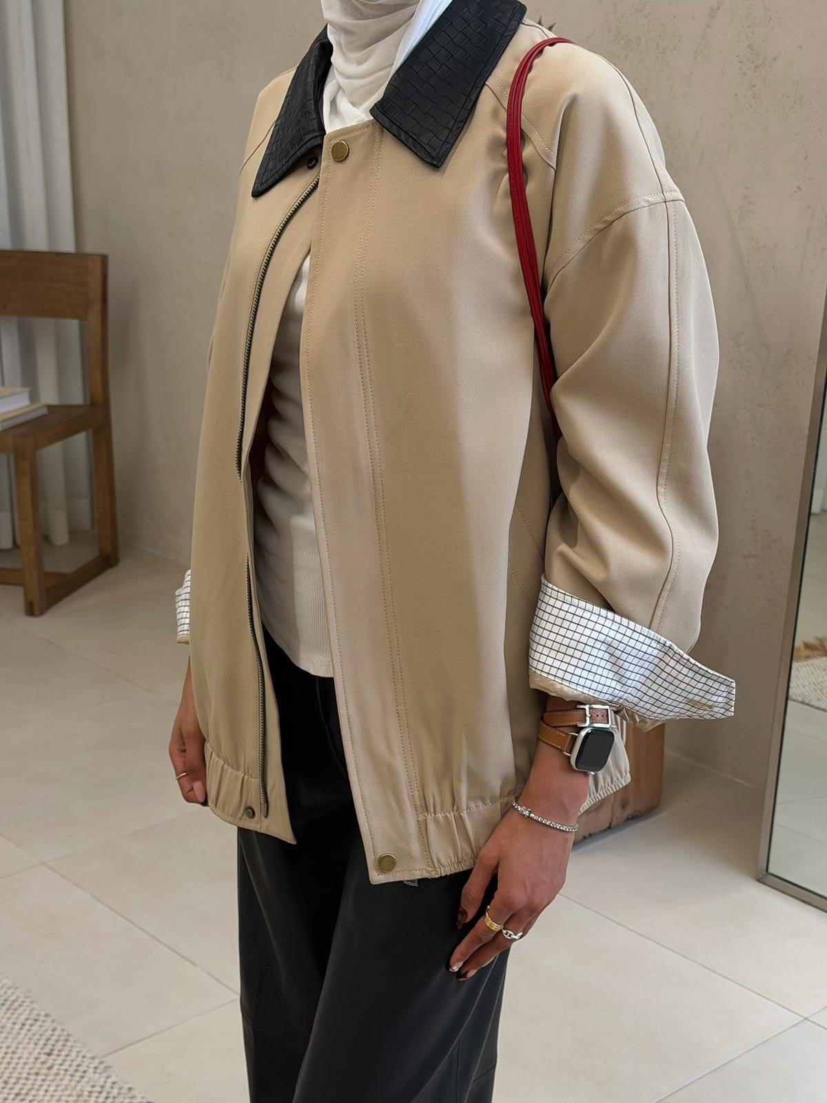 Bomber Jacket with Leather Collar