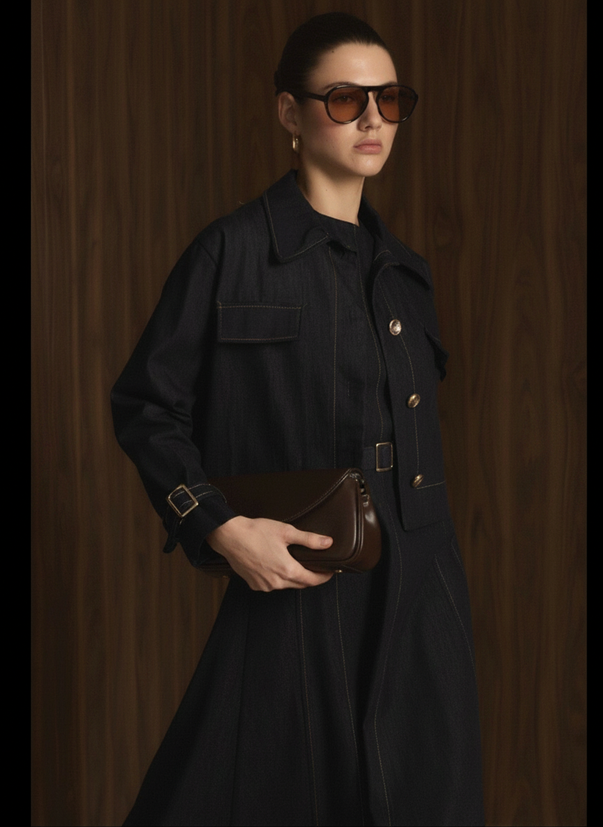 Midnight Denim dress with a cropped jacket