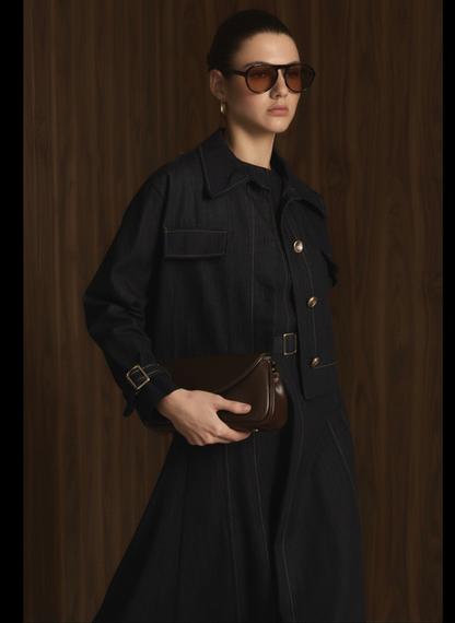 Midnight Denim dress with a cropped jacket