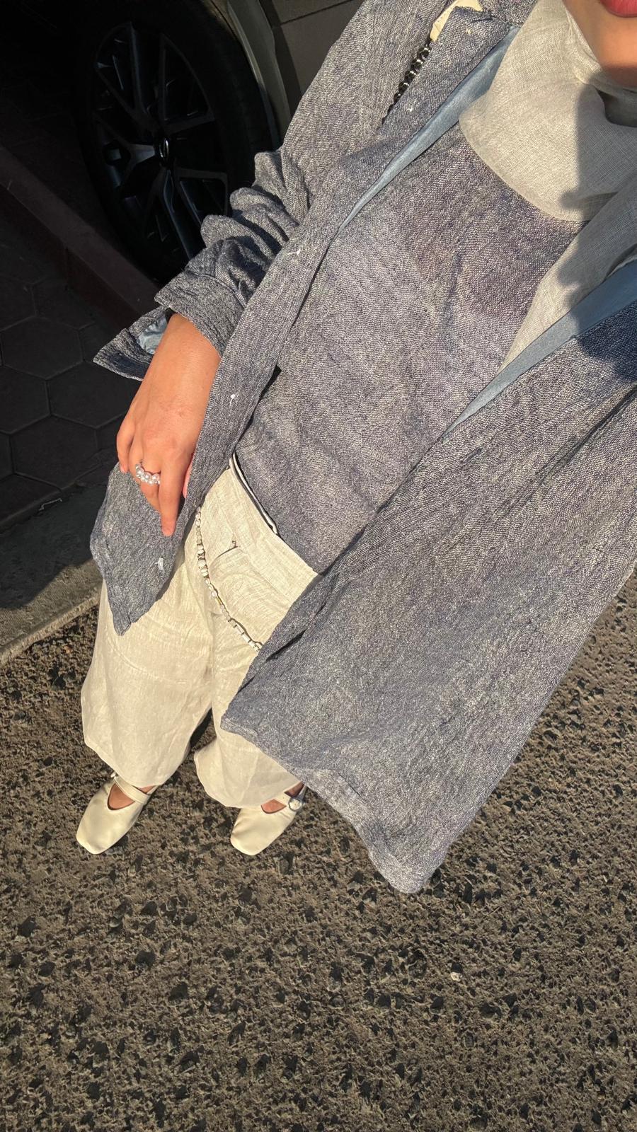 blue linen shirt + t-shirt