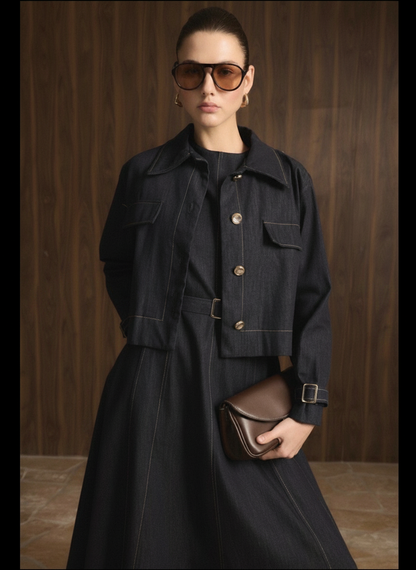 Midnight Denim dress with a cropped jacket