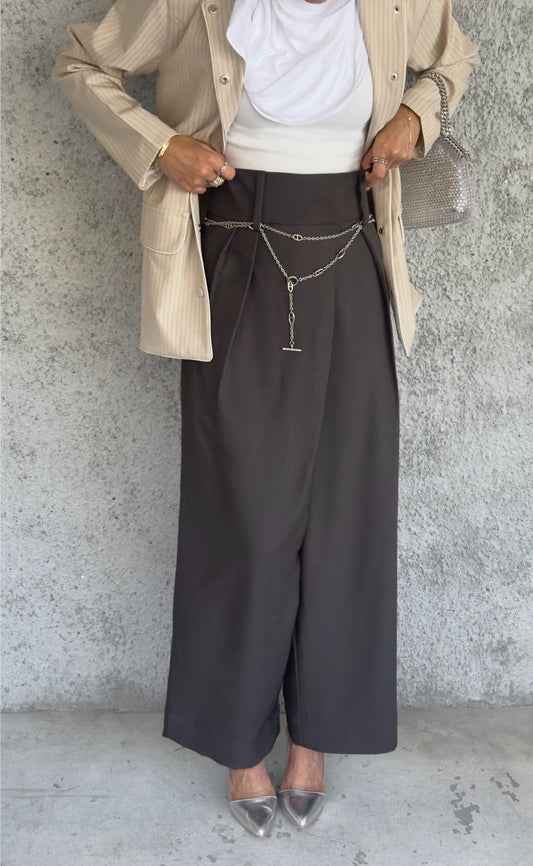 Tailored wide leg pants with a asymmetric wrap waistband