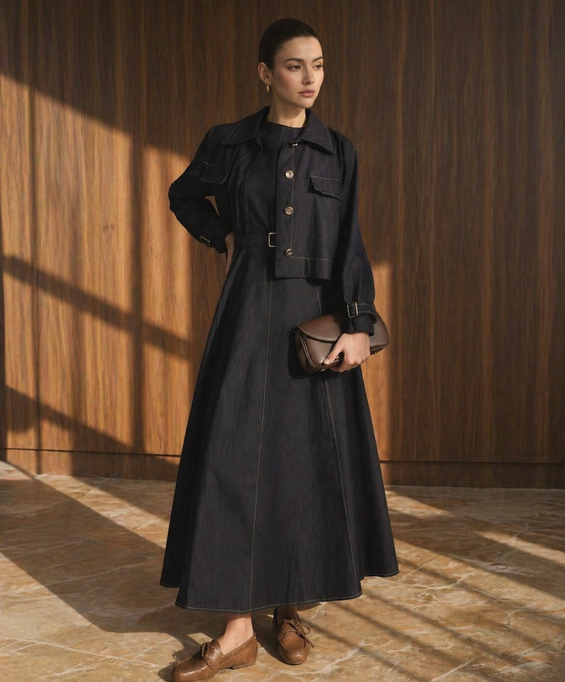 Midnight Denim dress with a cropped jacket