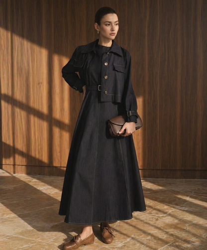 Midnight Denim dress with a cropped jacket